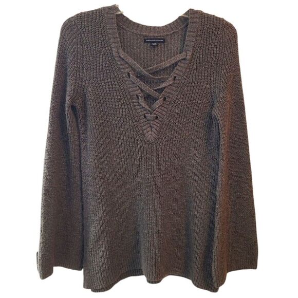 American Eagle Gray Bell Sleeve V-Neck Ribbed Sweater - Picture 1 of 10